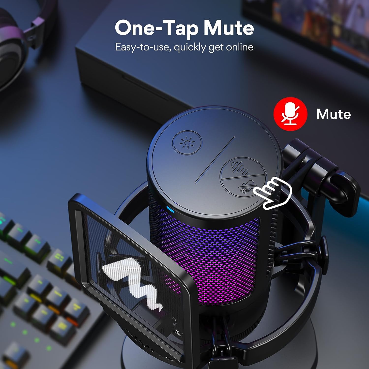MAONO USB Gaming Microphone for PC, Noise Cancellation Condenser Mic with RGB Lights, Mute, Gain for Streaming, Recording, Podcast, Chat, Twitch, YouTube, Discord, Computer, PS5, PS4, GamerWave