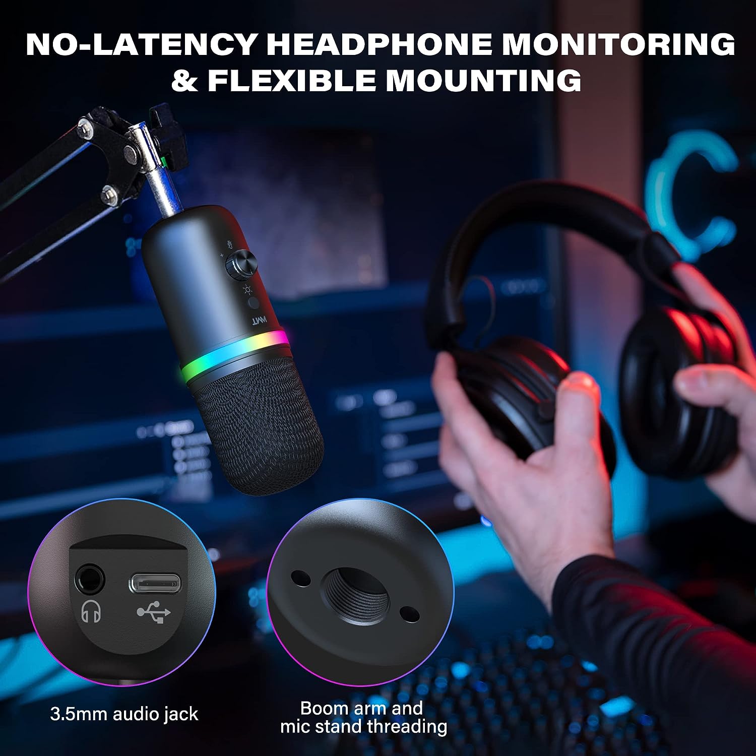 WMT USB Microphone, Condenser Gaming Microphone for PC/MAC/PS4/PS5/Phone- Cardioid Mic with Brilliant RGB Lighting Headphone Output Volume Control, Mute Button, for Streaming Podcast YouTube Discord