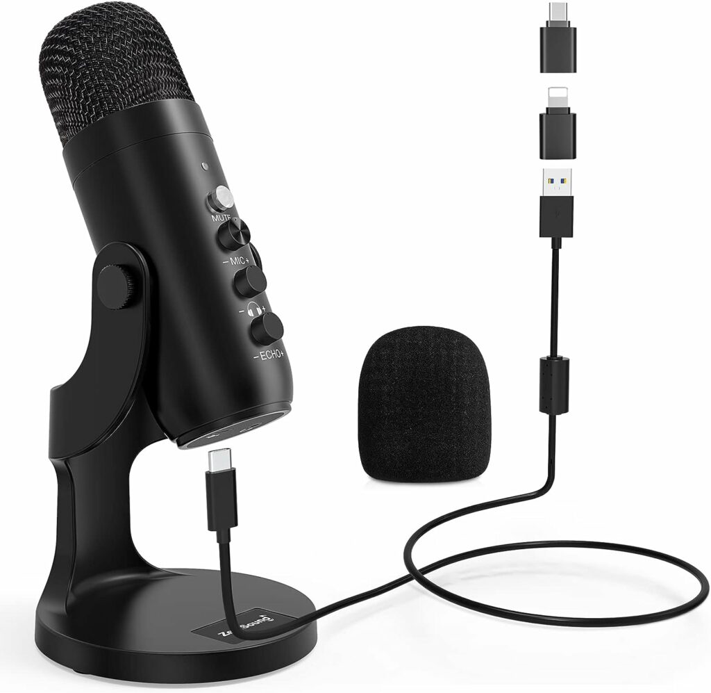 ZealSound USB Microphone,Condenser Computer PC Mic,PlugPlay Gaming Microphones for PS 45.Headphone OutputVolume Control,Mic Gain Control,Mute Button for Vocal,YouTube Podcast on MacWindows(Black)