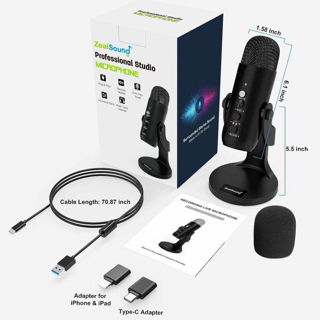 ZealSound USB Microphone,Condenser Computer PC Mic,PlugPlay Gaming Microphones for PS 45.Headphone OutputVolume Control,Mic Gain Control,Mute Button for Vocal,YouTube Podcast on MacWindows(Black)