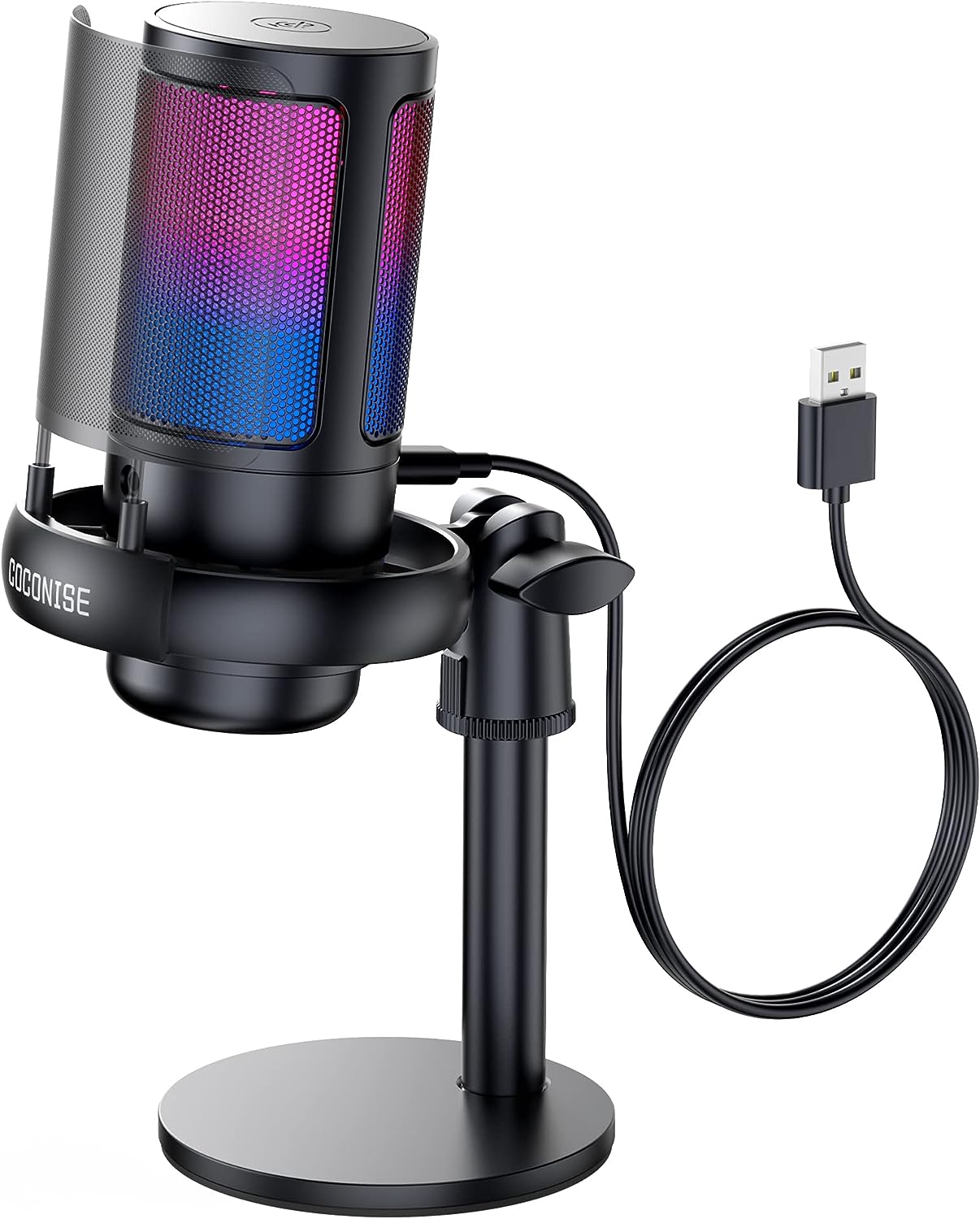 COCONISE Gaming Microphone, USB PC Mic for Podcasts Videos, Streaming, Condenser Mic with Quick Mute, Tripod Stand, Pop Filter, RGB Indicator, Shock Mount, Rotate gain button, Compatible with PS4/5/PC