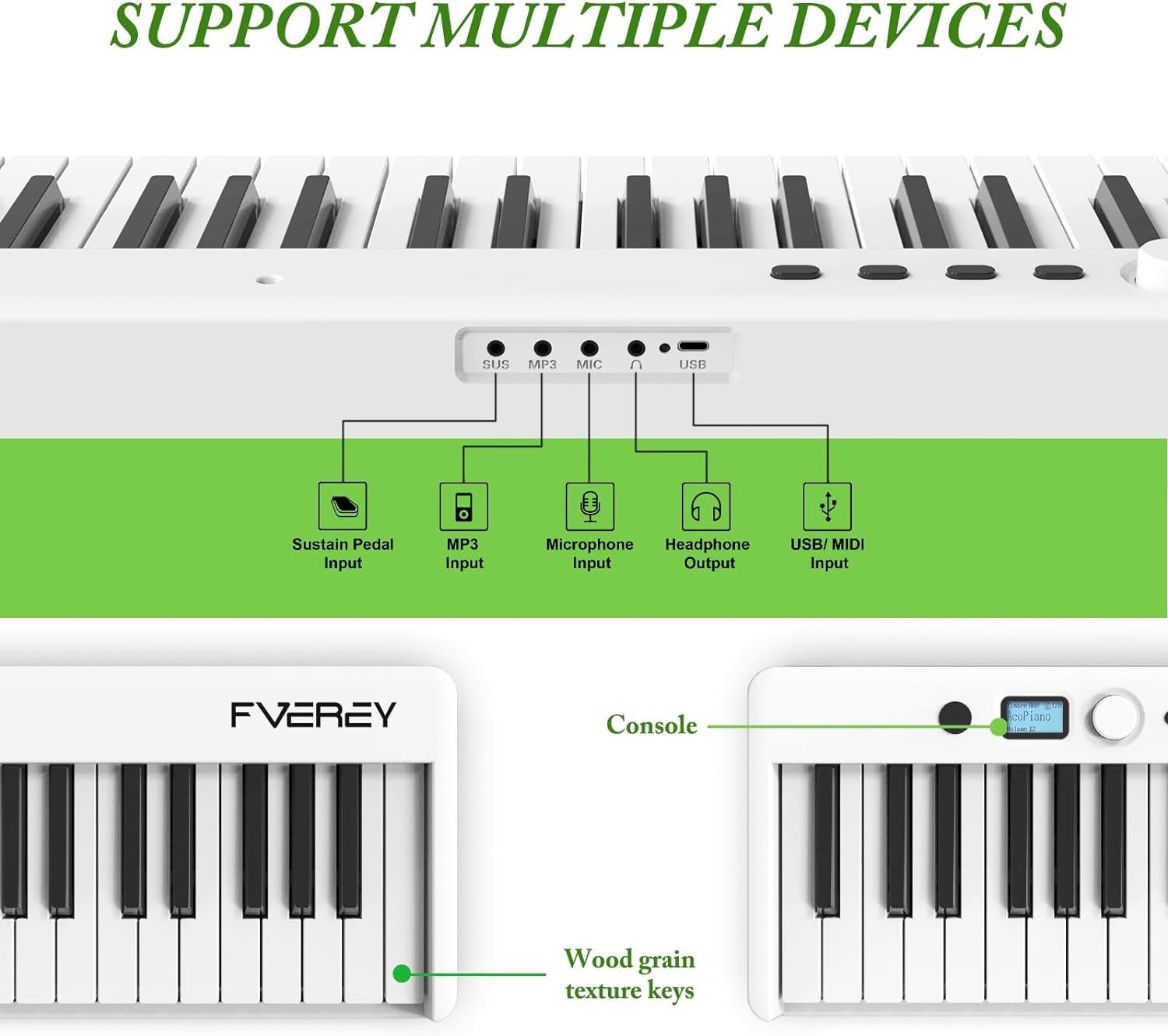 FVEREY Portable 88 Key Folding Piano Keyboard Full Size Semi Weighted Keyboard Travel Piano Keyboard Support MIDI Bluetooth Electric Piano for Kids Adults Beginners, White