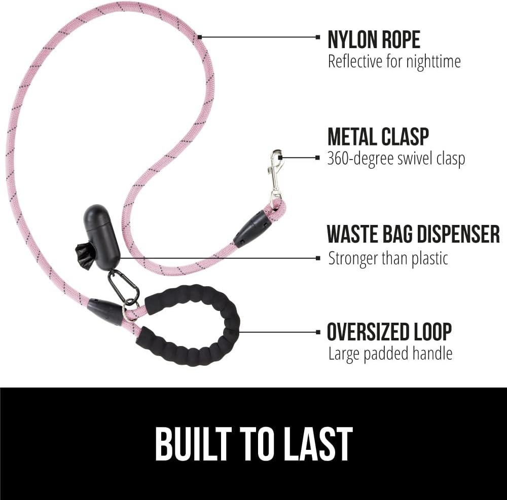 Gorilla Grip Heavy Duty Dog Leash, Soft Handle, Strong Reflective Rope for Night Walking, Small Medium Large Dogs, Durable Puppy Training Leashes, Rotating Metal Clip, Waste Bag Dispenser, Pink