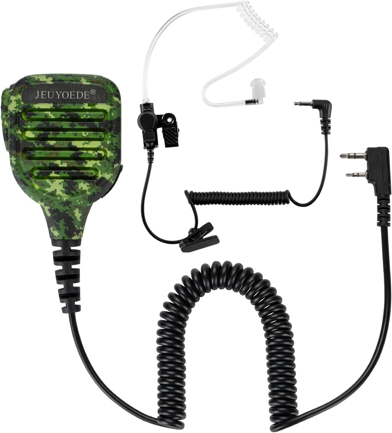JEUYOEDE Waterproof IP56 Handheld Speaker Microphone with 3.5mm Earpiece Jack Compatible for Baofeng and Kenwood 2 Pin Radios (Green Camouflage)