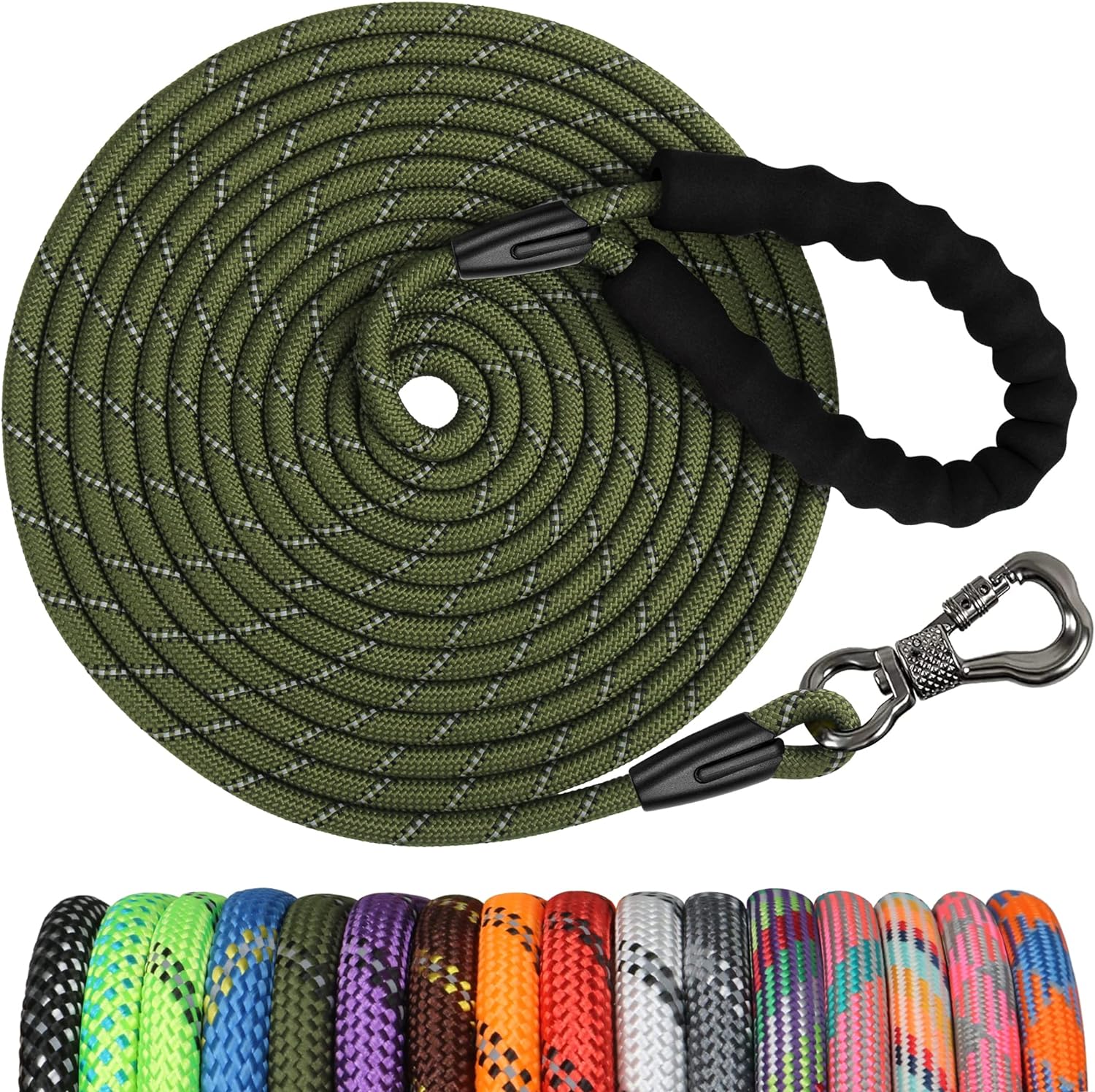 NTR Heavy Duty Dog Leash, 15FT Training Leash with Swivel Lockable Hook, Padded Handle and Highly Reflective Threads, Dog Lead for Walking, Hunting, Camping, Backyard for Small Medium Large Dog