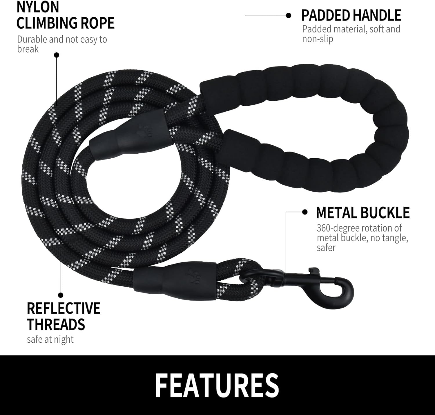 Panykoo 4/5/6 FT Strong Pet Dog Leash with Soft Padded Handle,Highly Reflective Rope for Night Walking,360-Degree Rotating Metal Buckle Without Tangles,Suitable for Small,Medium and Large Dogs.(5ft)