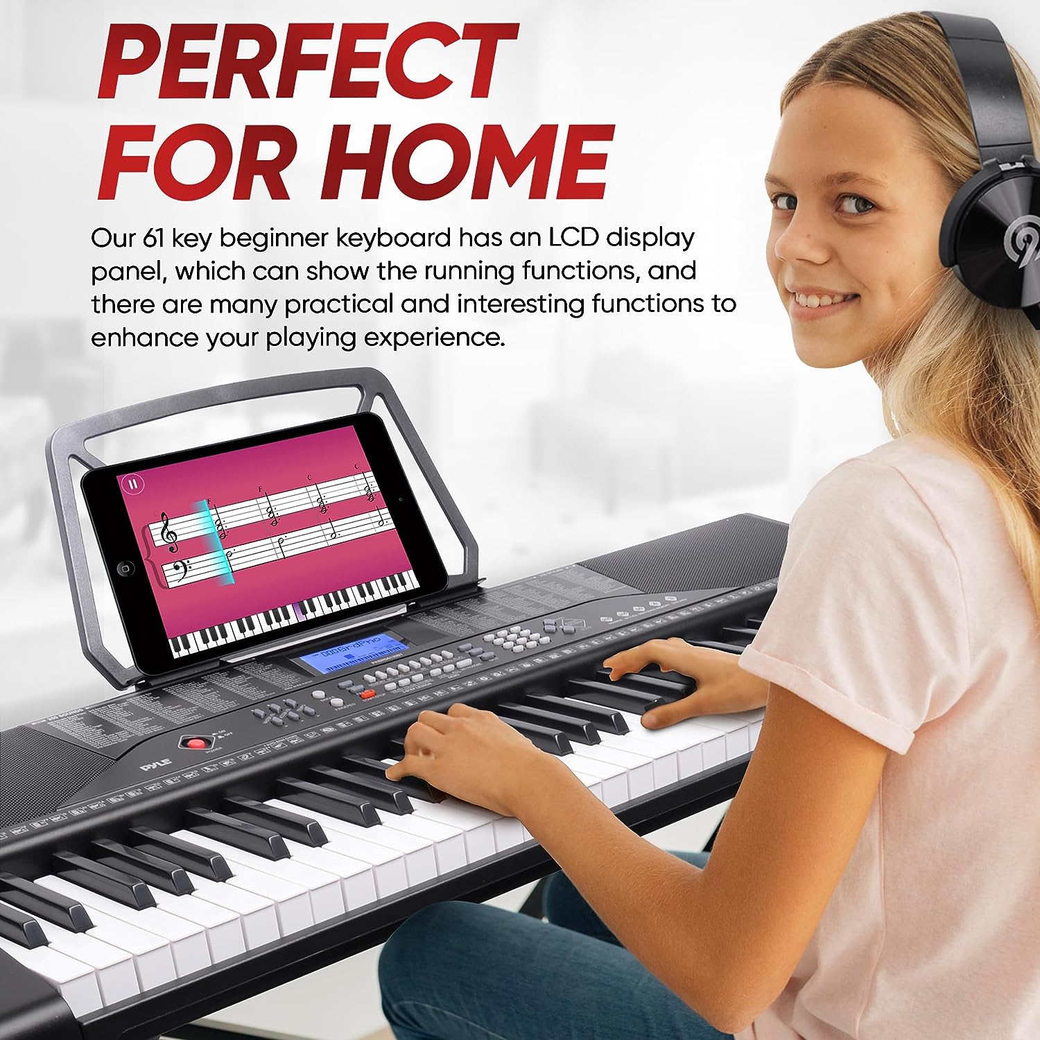 Pyle 61 Keys Digital Electronic Piano Keyboard with Bluetooth, Preset Selectable Tones, Digital LCD, Portable Musical Karaoke Electric Pianoforte, Includes Stand, Stool, Book Rack, and Headset