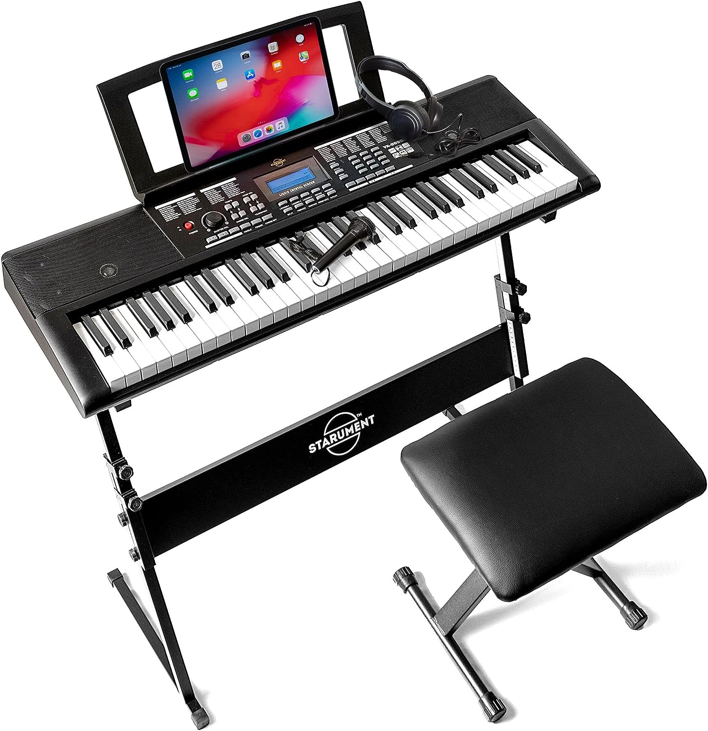 Starument 61 Key Premium Electric Keyboard Piano for Beginners with Stand, Built-in Dual Speakers, Microphone, Headphone, Bench  Display Panel