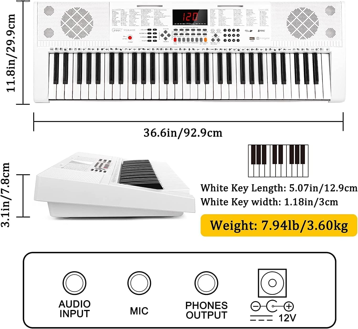 Vangoa Keyboard Piano 61 Key - Electric Piano Keyboard with 3 Teaching Modes, Learning Lighted up Music Keyboard Piano with Stand for Beginners and Students, VGK6101 White