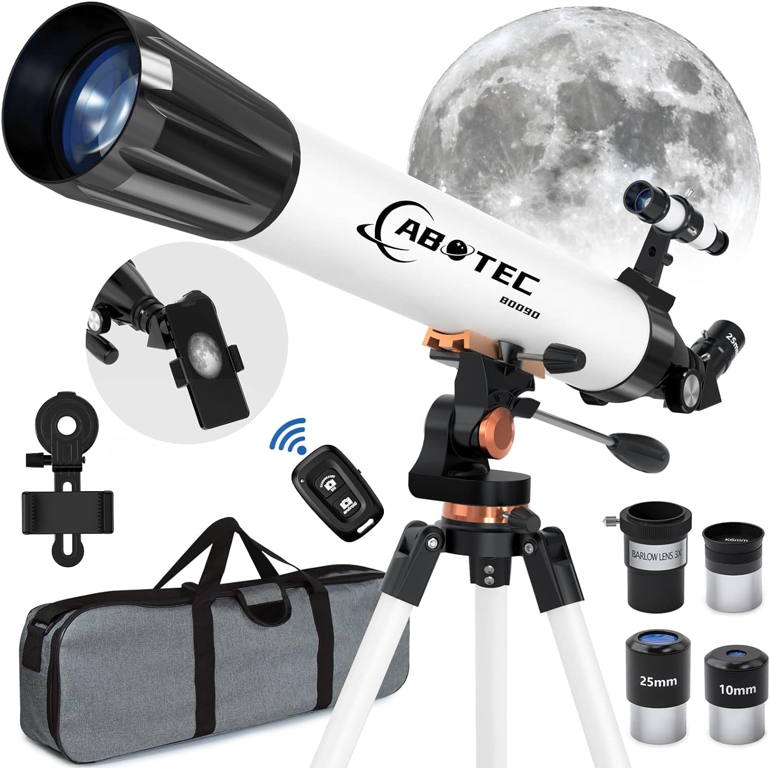 ABOTEC Telescope for Adults Astronomy, 90mm Aperture 800mm Refractor Telescopes for Kids Beginners, (32X-400X) Multi-Coated High Transmission Telescope with Carry Bag Phone Mount Wireless Control