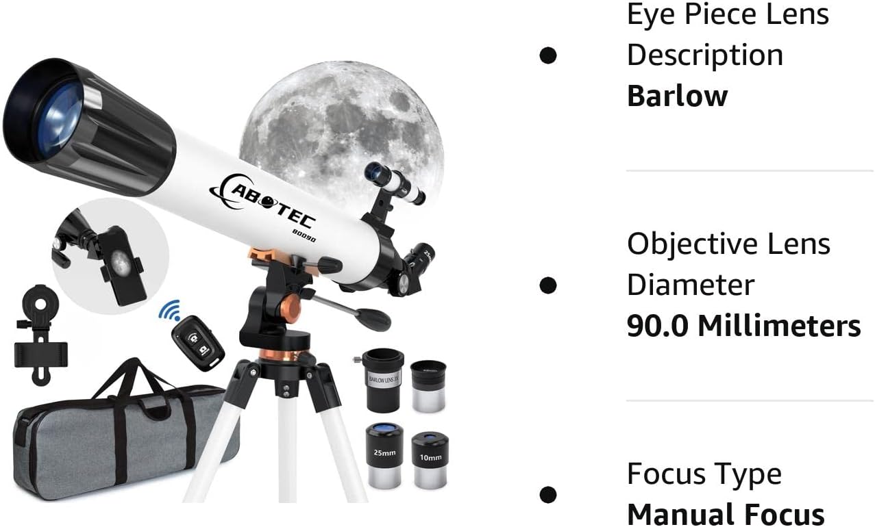 ABOTEC Telescope for Adults Astronomy, 90mm Aperture 800mm Refractor Telescopes for Kids Beginners, (32X-400X) Multi-Coated High Transmission Telescope with Carry Bag Phone Mount Wireless Control