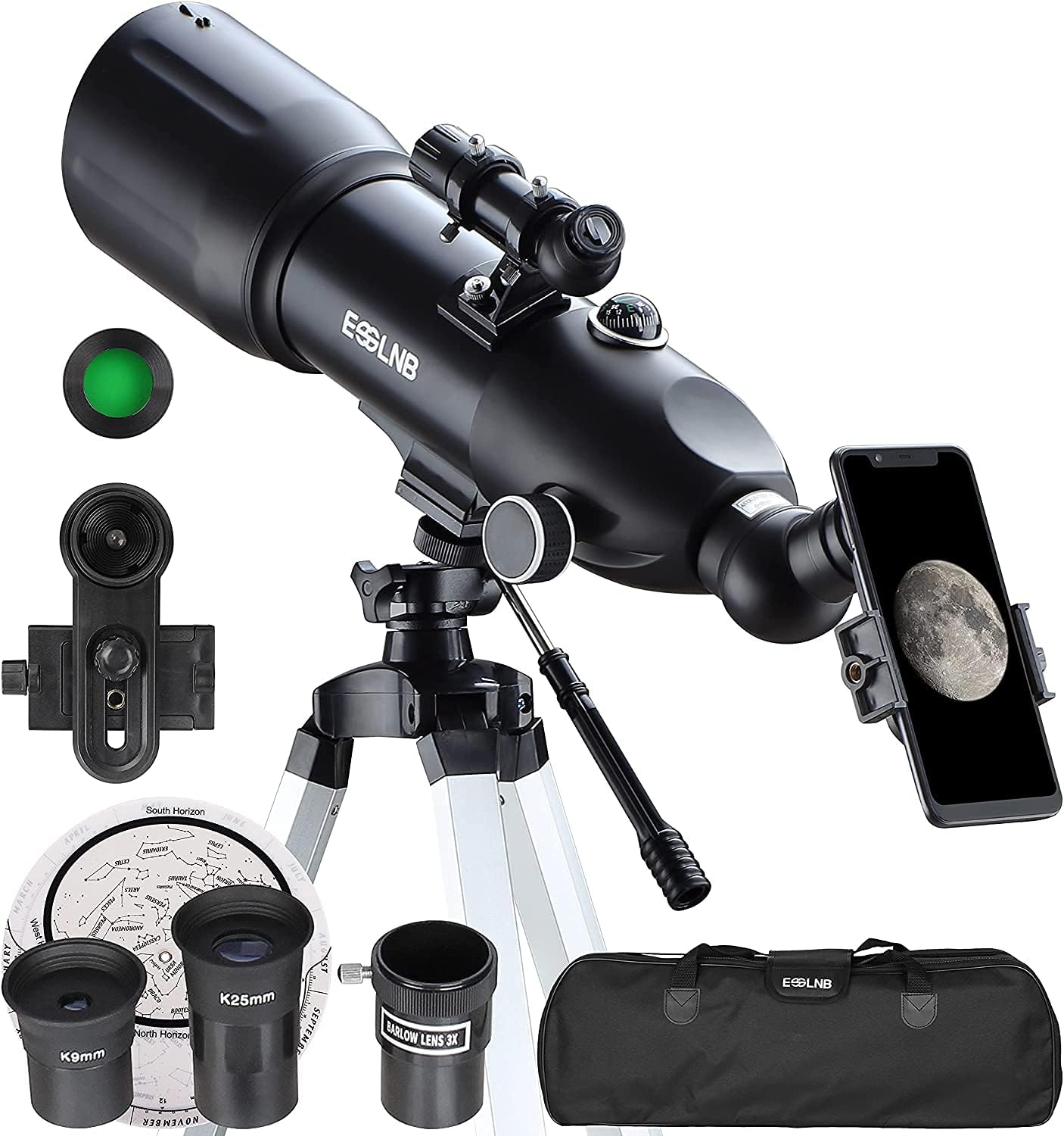 ESSLNB Telescopes for Adults Kids Astronomy, 80mm Astronomical Travel Telescopes with Moon Filter, Erect Image, 10 Times Refractor, Tripod and Carrying Bag for Astronomy Beginners (40080 Telescope)