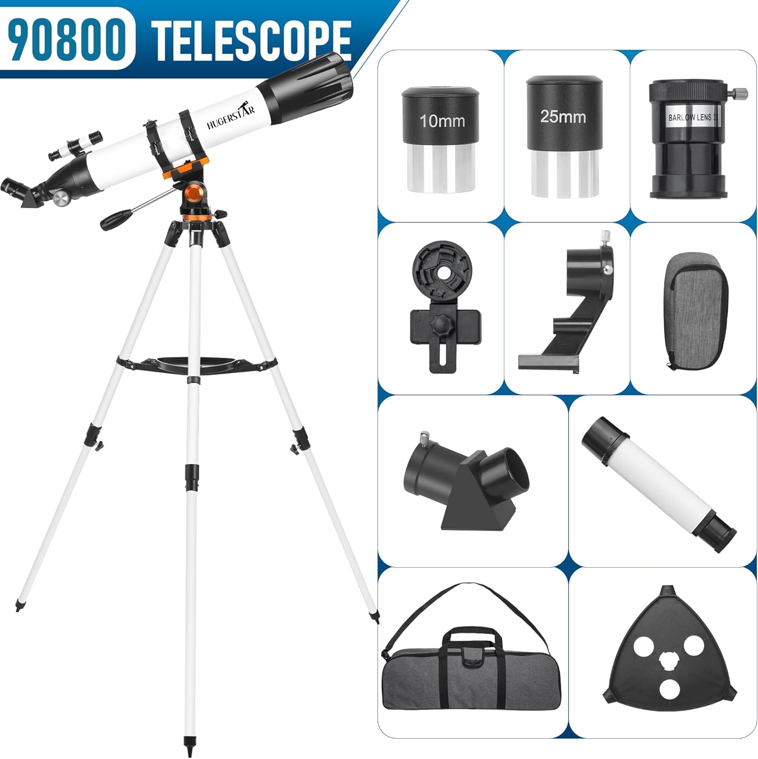 HUGERSTAR Telescope, 90mm Telescopes for Adults Astronomy Kids Beginners, 800mm Refracting Telescope Fully Multi-Coated High Transmission Coatings with Phone Mount, Observe The Moon and Stars