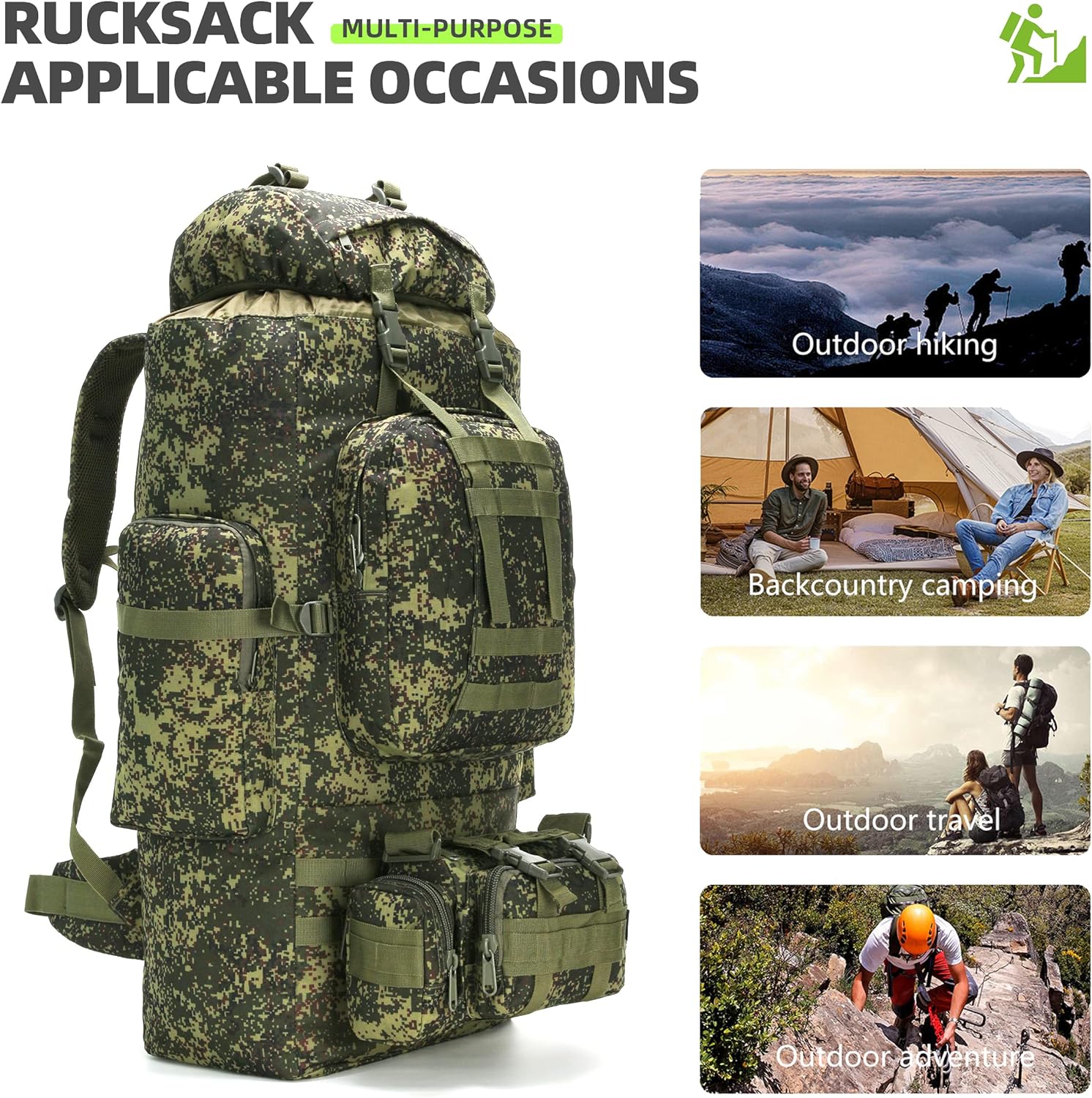 KingsGuard 100L Camping Hiking Backpack Molle Rucksack Military Camping Backpacking Daypack (CP Camo)