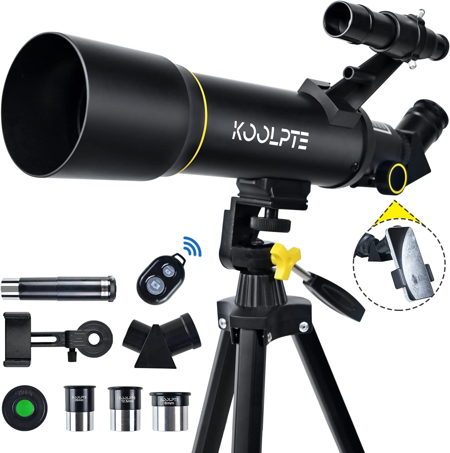 Koolpte Telescope, 70mm Aperture 400mm AZ Mount Astronomical Refracting Telescope (20x-200x) for Kids Adults, Portable Travel Telescope with Tripod Phone Adapter, Remote Control, Easy to Use, Black