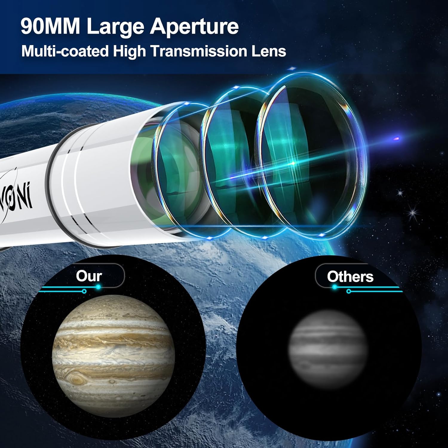 LUVONI Telescope, 90mm Aperture 900mm Telescopes for Adults Astronomy with Fine-tuning AZ Tripod, Multi-coated High Transmission Professional Refractor Telescope with Slow-motion Knobs Phone Adapter
