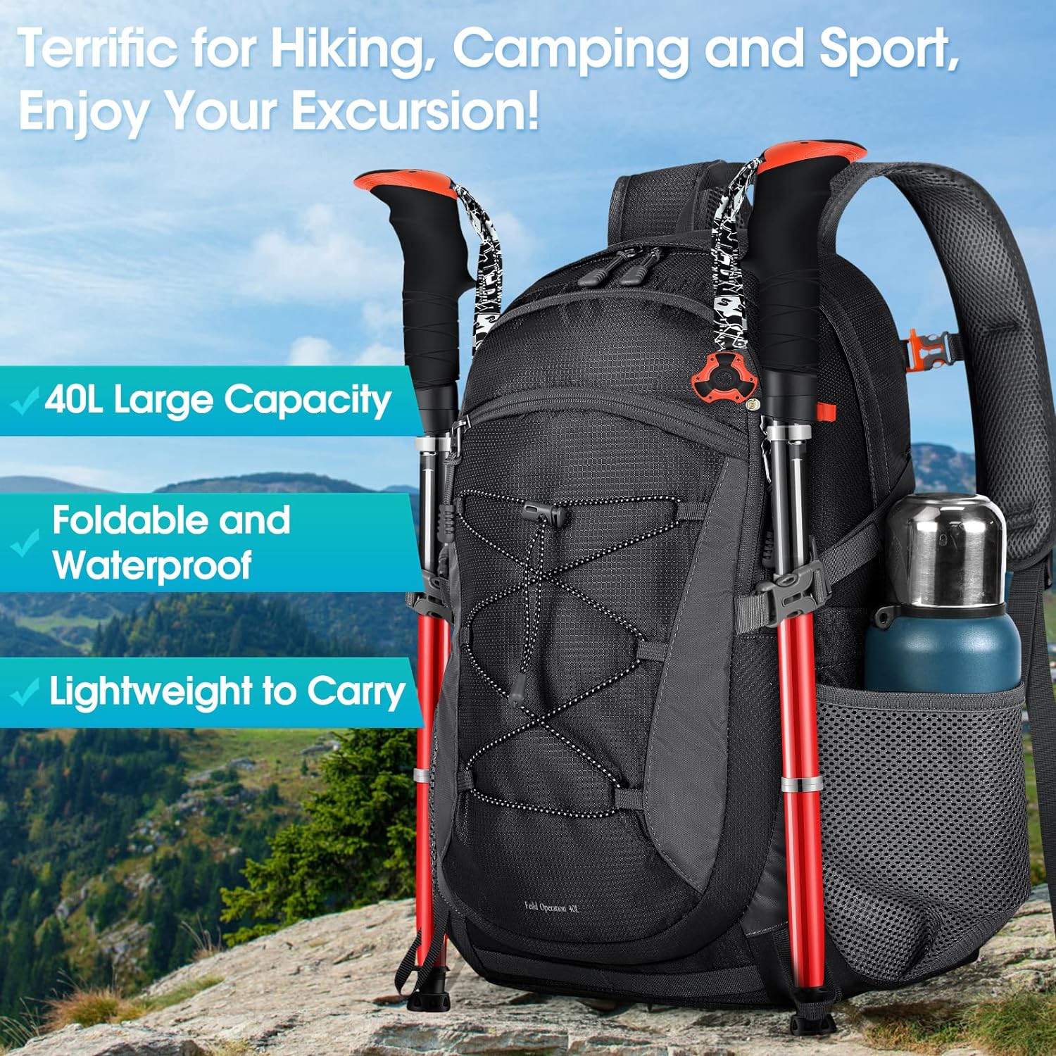 RAINSMORE Hiking Backpack 40L Waterproof Camping Backpack Lightweight Packable Backpack for Women Men Outdoor Travel Daypack