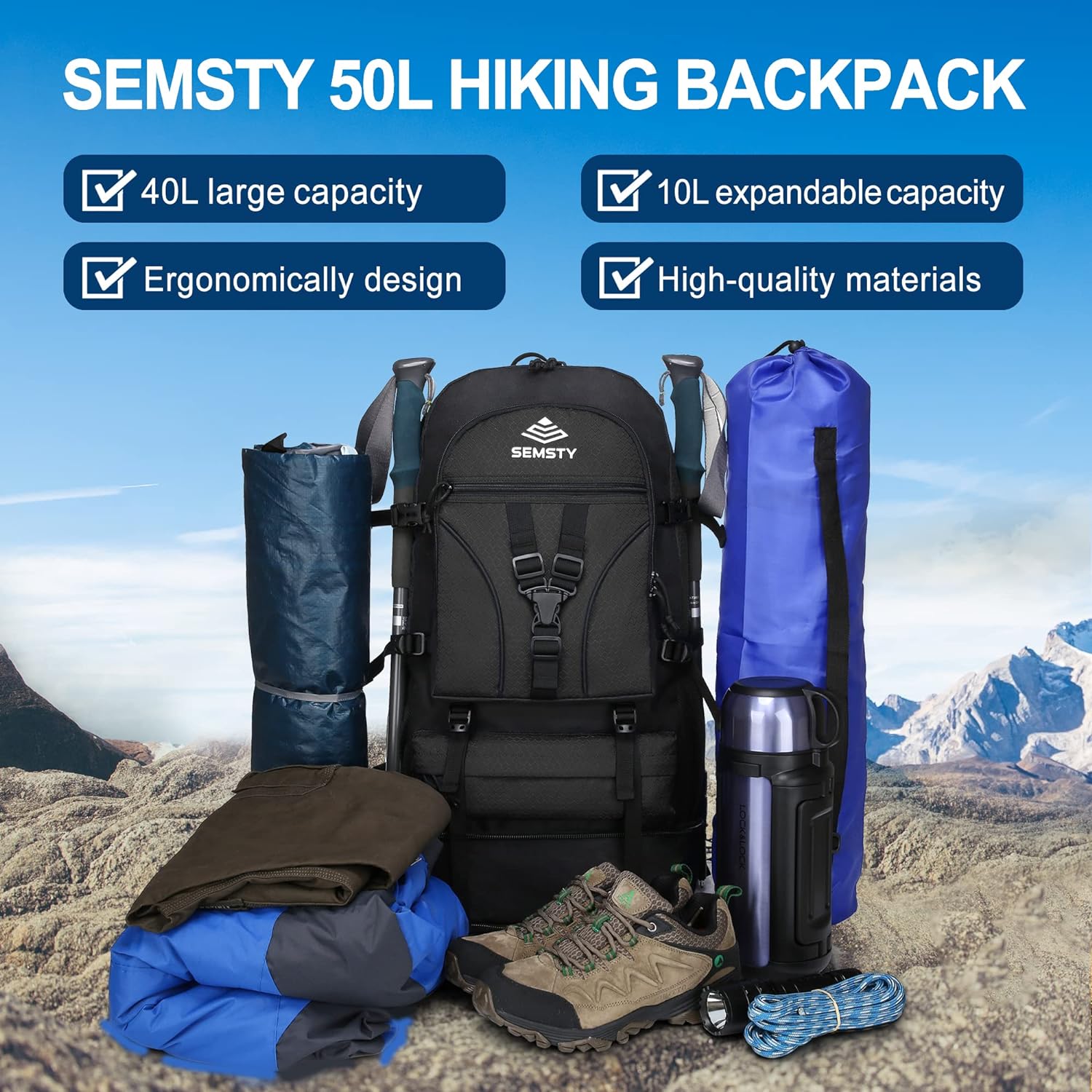 SEMSTY Hiking Backpack, 30L/40L/50L Expandable Hiking Backpack for Men and Women, Travel Backpack Flight Approved