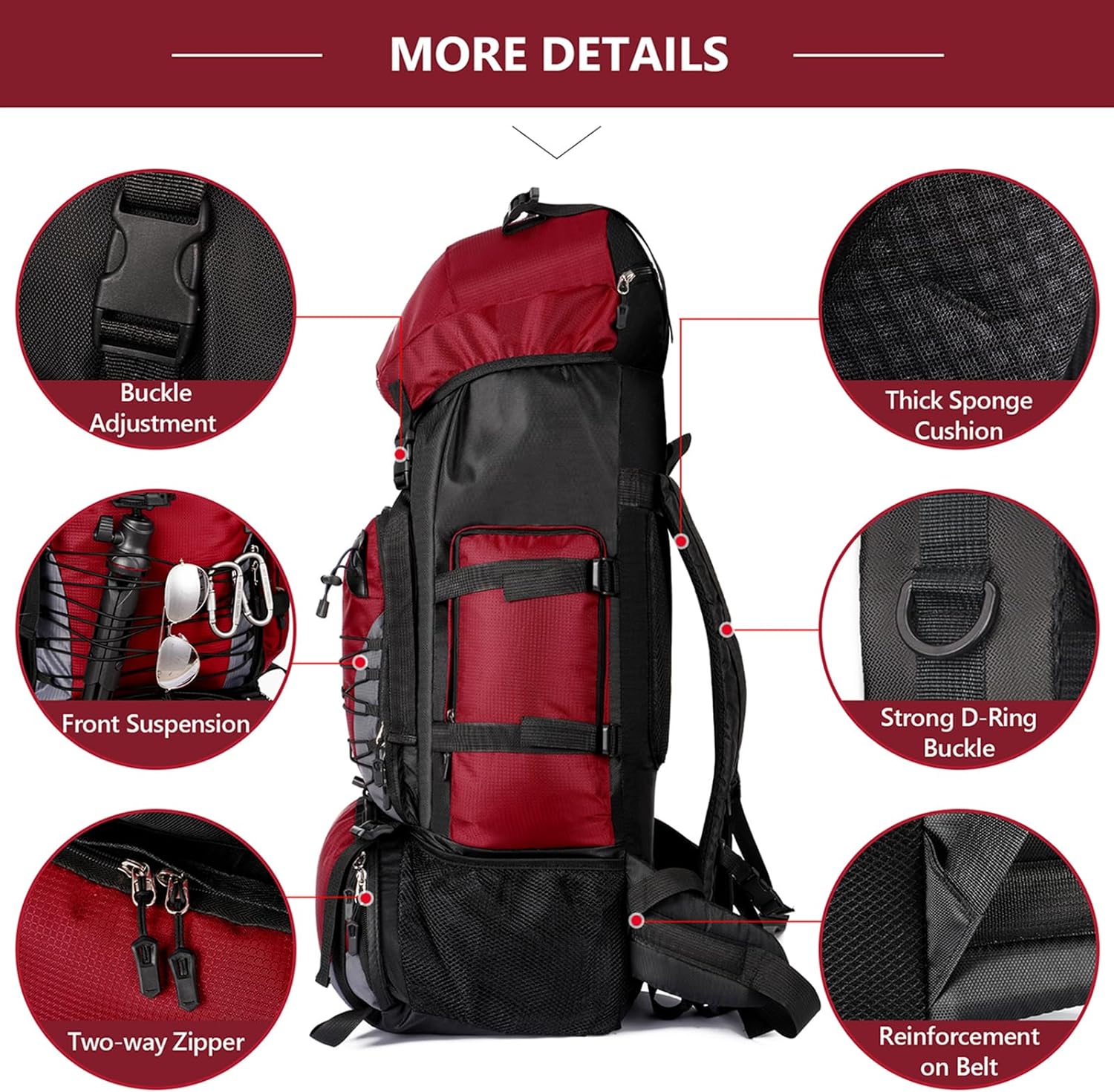 Unineovo 90L Hiking Backpack for Women Men, Waterproof Camping Essentials Bag with Rain Cover, 90 Liter Lightweight Backpacking Back Pack -No Frame (Red)