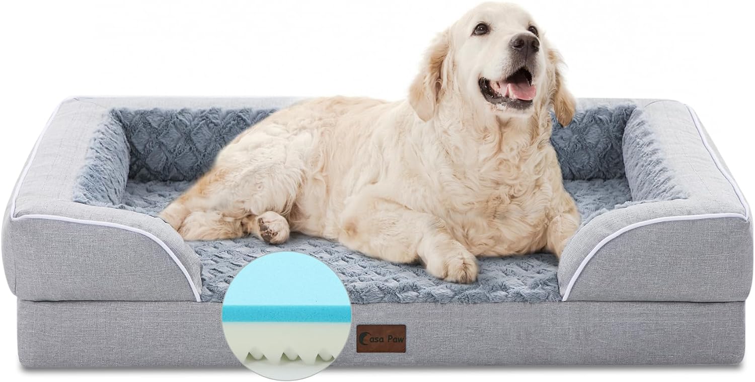 Casa Paw Memory Foam XL Dog Bed with Bolsters, Cooling Dog Beds for Extra Large Dogs, Waterproof Orthopedic Dog Couch Bed with Removable Washable Cover and Nonskid Bottom