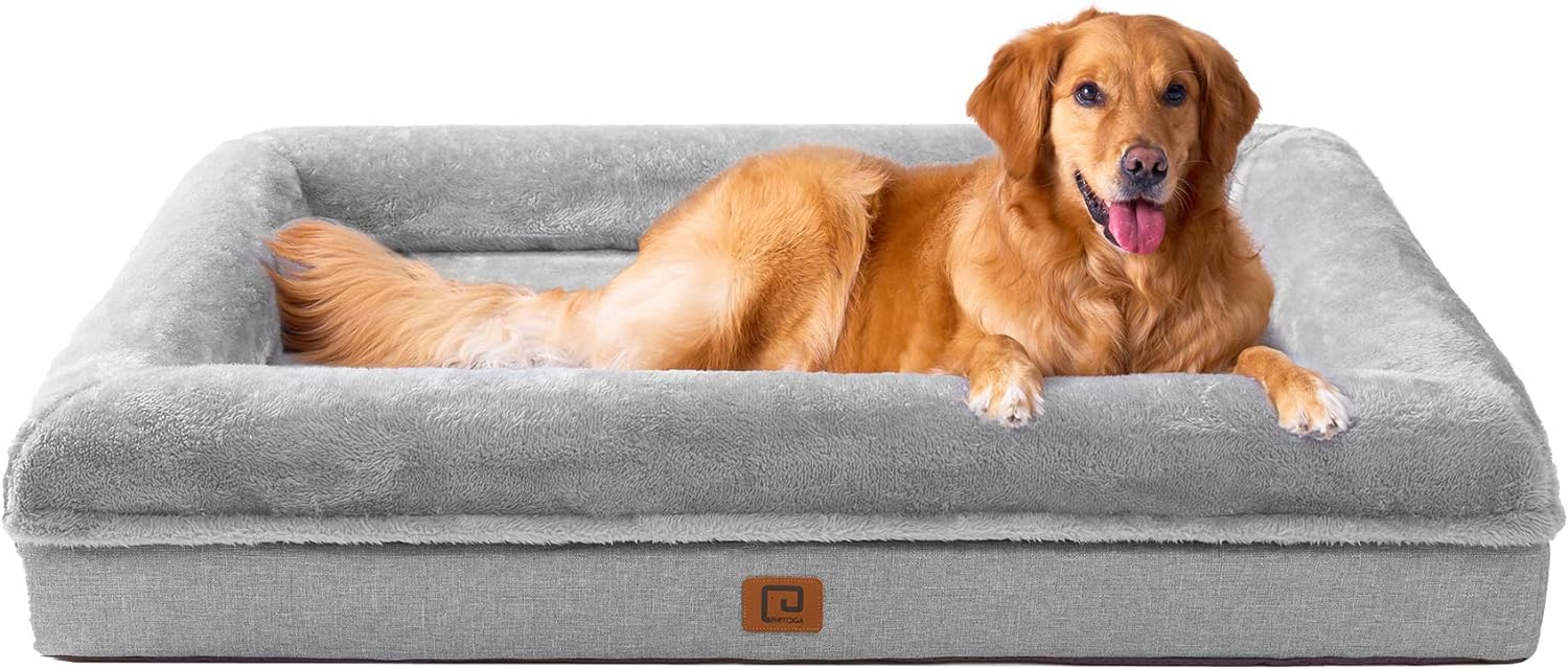 EHEYCIGA Memory Foam Orthopedic Dog Beds for Extra Large Dogs with 100% Foam Bolsters, Grey, 45x34
