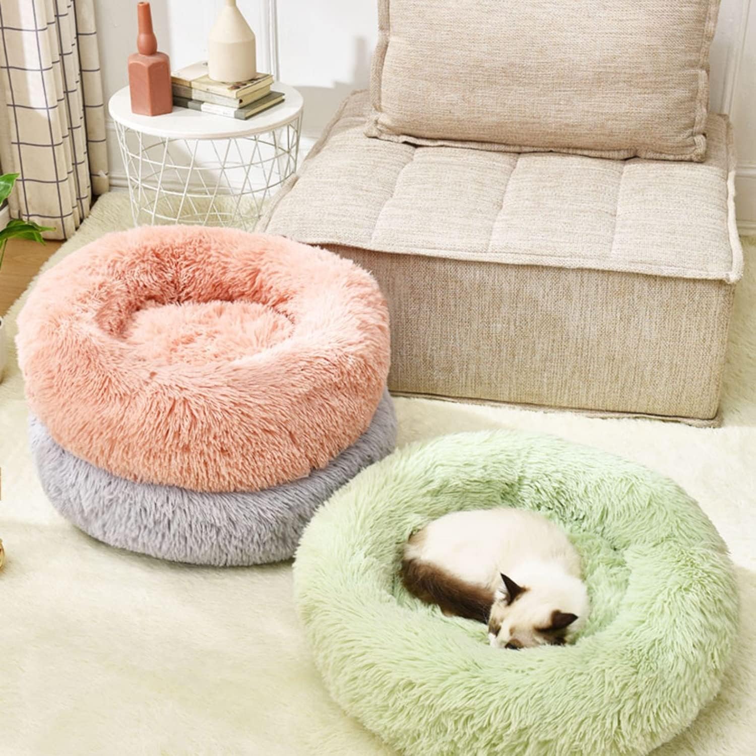 Geizire Cat Beds for Indoor Cats/Dog Beds for Small Dogs, Washable Donut Calming Round Cat Bed, Soft Fluffy Warm and Cozy Anti Anxiety Cuddler Cat Bed, Joint-Relief Cat Bed (Medium, Brown)