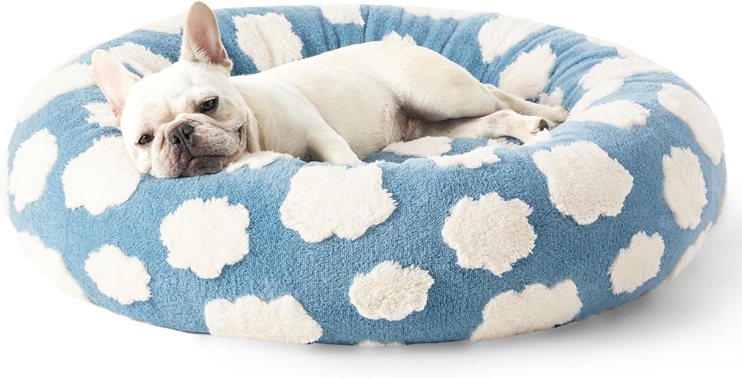 Lesure Donut Small Dog Bed - Round Cat Beds for Indoor Cats Calming Pet Beds, Cute Modern Beds with Jacquard Shaggy Plush Anti Slip Bottom, 30 Inch, Blue
