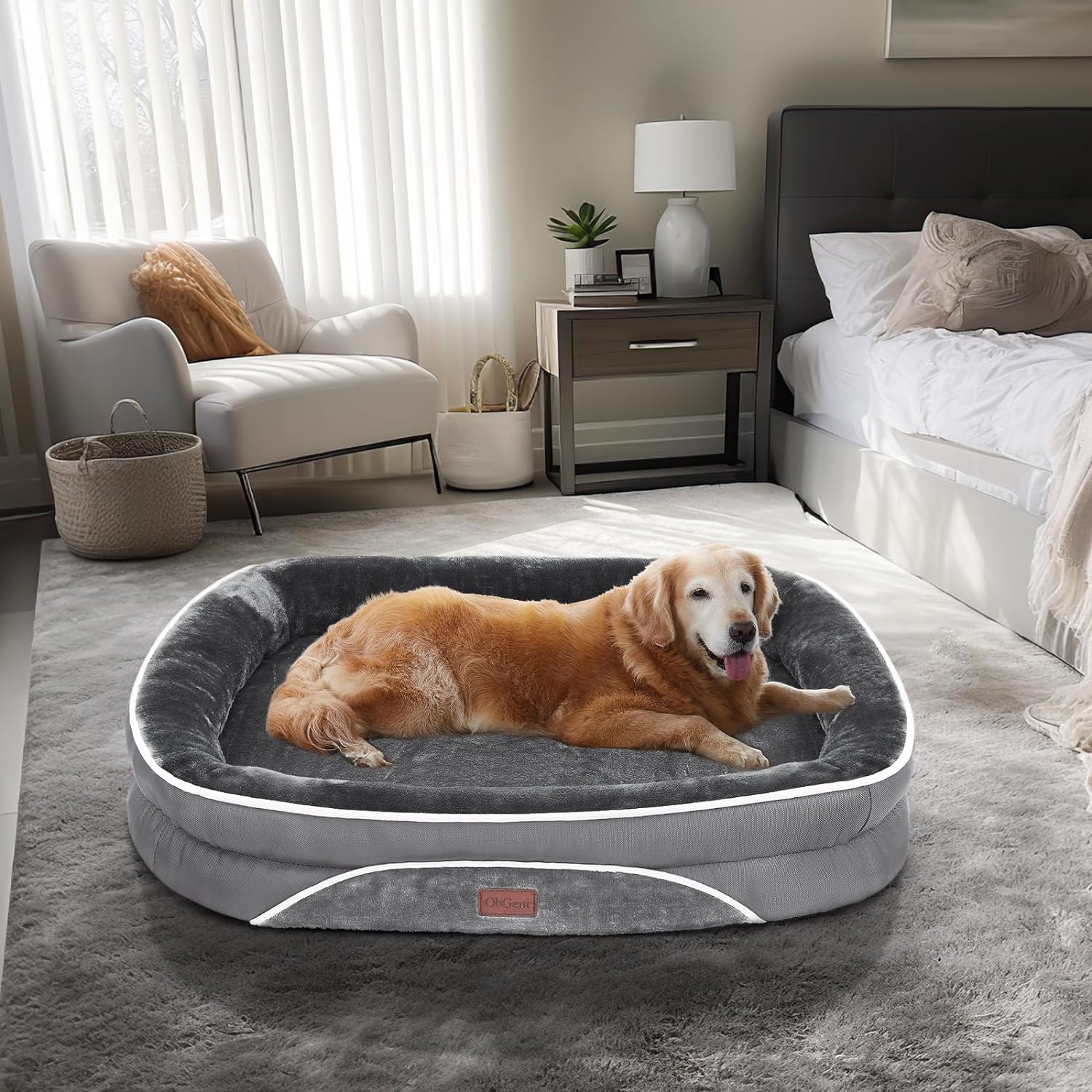 OhGeni Orthopedic Dog Bed for Large Dogs, Oversized Couch Design with Egg Foam Support, Removable, Machine Washable Plush Cover and Non-Slip Bottom with Four Sided Bolster Cushion (Gray)