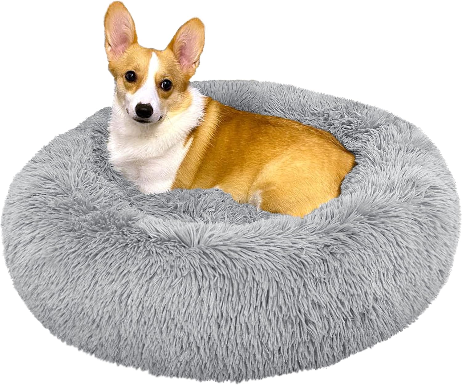 PetAmi Medium Calming Dog Bed for Dogs Puppy, Round Washable Pet Bed for Cat Kitten, Anti Anxiety Dog Bed Cuddler for Couch, Fluffy Plush Circular Dog Donut Bed, Fits up to 45 lbs, 30 inch, Light Gray