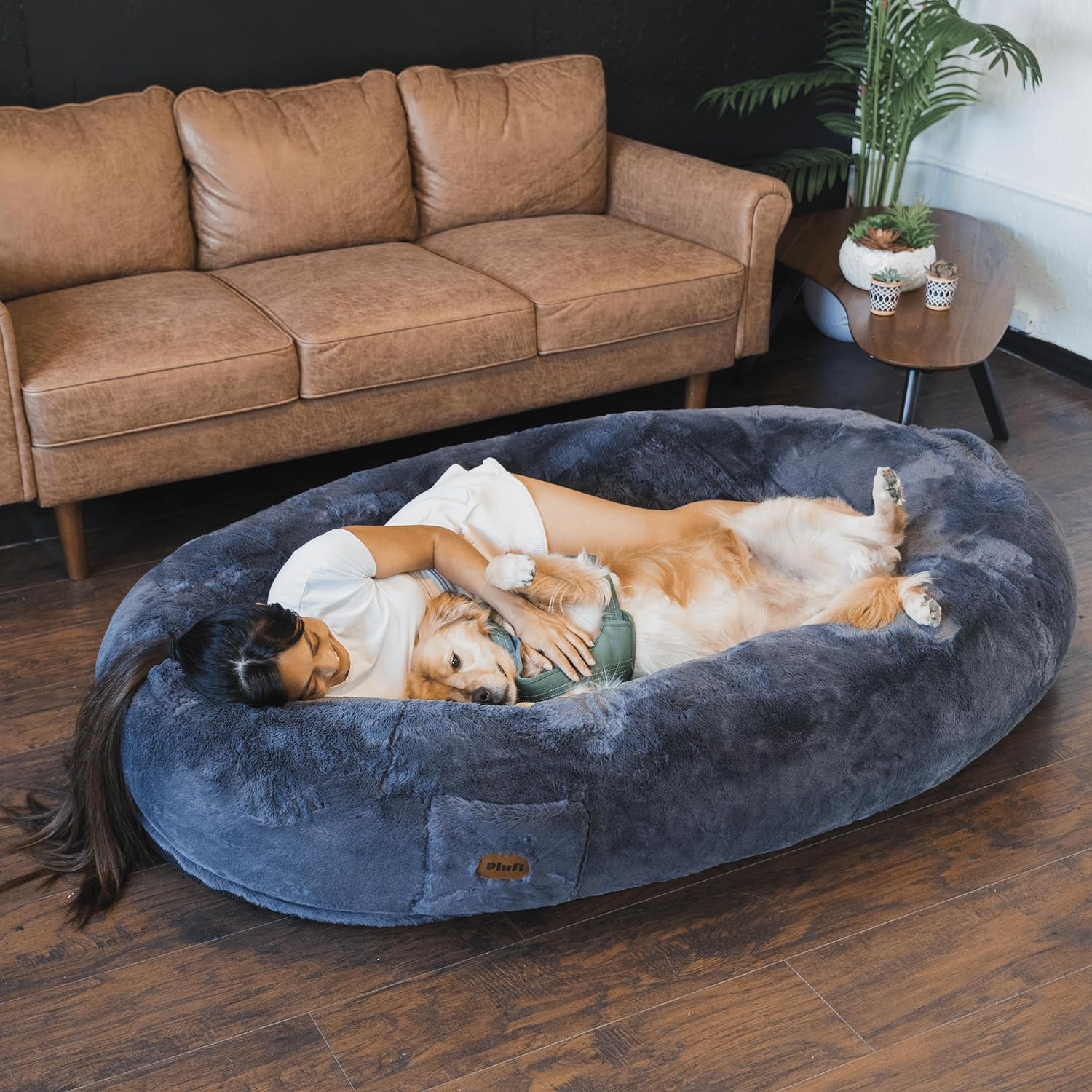 Plufl, The Original Human Dog Bed for Adults, Kids, and Pets. As Seen on Shark Tank. Comfy Plush Large Bean Bag with Memory Foam, Machine Washable, and Durable. Perfect nap and Floor Bed - Black