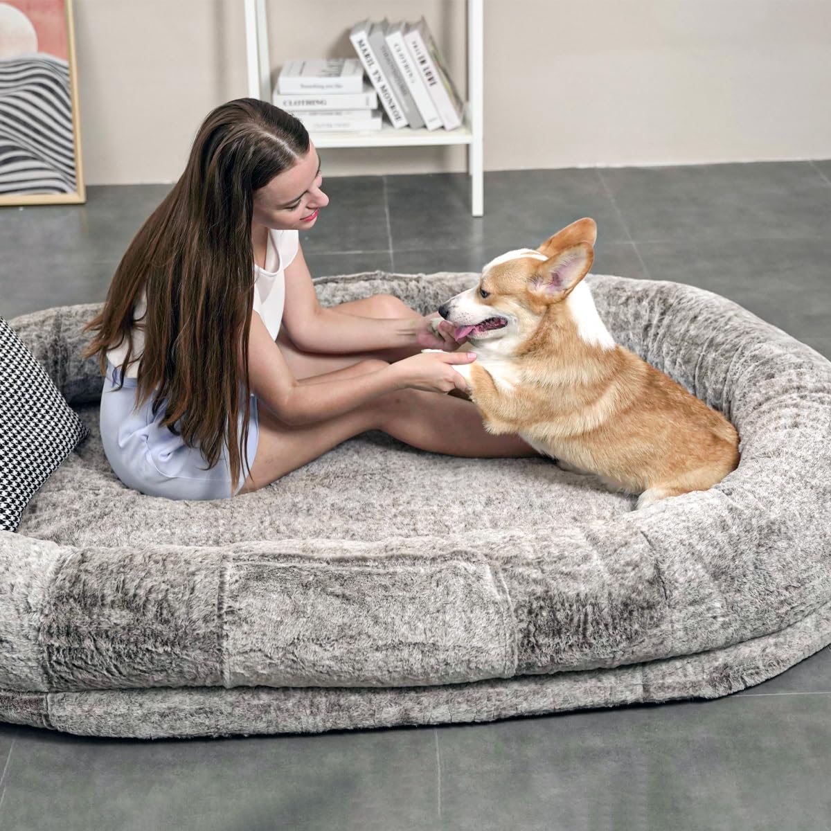 Etstod Human Dog Bed for People Adults, Large Elliptical Bean Bag Bed (72x48x10) with Washable Fuax Fur and Orthopedic Mattress for Adults Kids and Pets, Gradient Brown