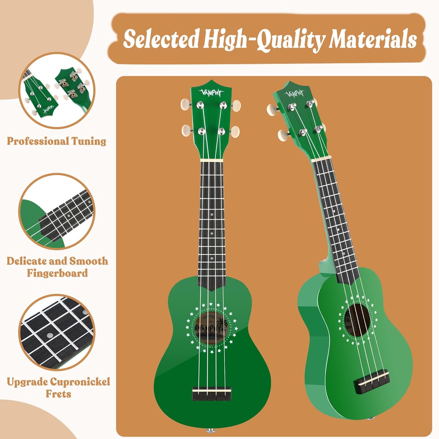 VANPHY Soprano Ukulele for Kids，21 Inch Ukelele with Bag Strap Picks Songbook Cleaning Cloth Suitable for Adults and Beginners（Green）