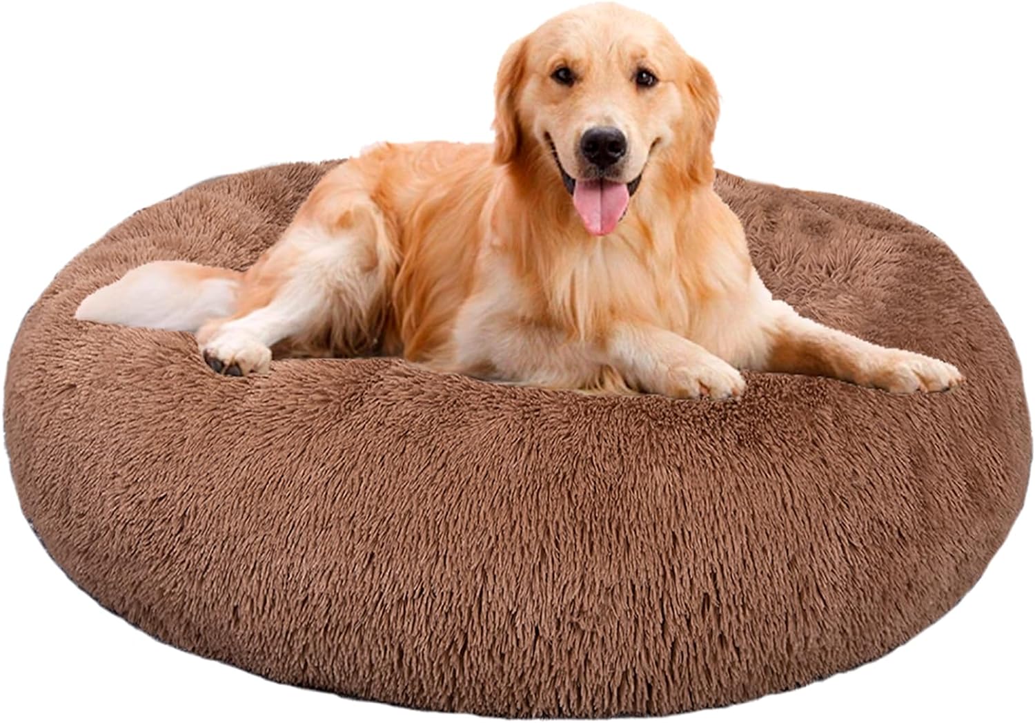 WELLYELO Calming Dog Bed, 30In Donut Dog Bed, Anti Anxiety Dog Bed Cat Bed, Machine Washable Fluffy Plush Round Dog Beds for Large Extra Large Dogs Cats (Large, Brown)