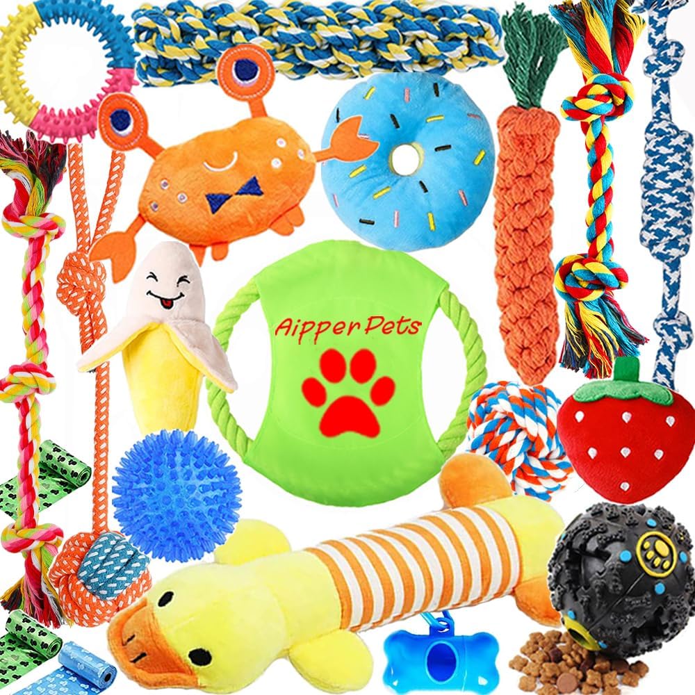 Aipper Dog Puppy Toys, Puppy Chew Toys for Fun and Teeth Cleaning, Dog Squeak Toys,Treat Dispenser Ball, Tug of War Toys, Puppy Teething Toys, Dog Rope Toys Pack for Medium to Small Dogs