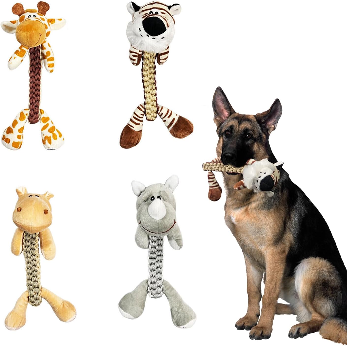 Hydrodogz [4 Pack] Zoo Pals Animal Dog Tug Rope Toys Assortment Bundle for Small Medium and Large Dogs, Natural Cotton Teething Interactive Strong Durable Chew Toys for Aggressive Chewers
