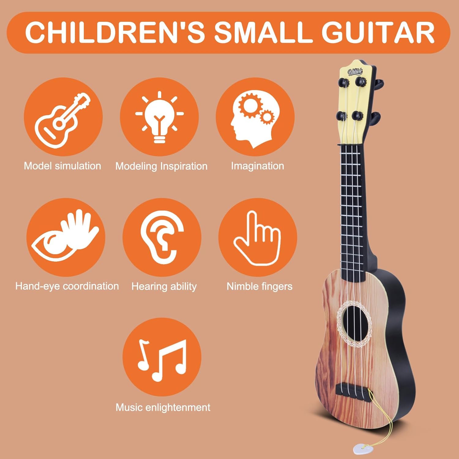 YOLOPLUS+ Kids Toy Ukulele, Kids Guitar Musical Toy,17 Inch 4 Steel Strings, with Pick, Kids Play Early Educational Learning Musical Instrument Gift for Preschool Childry (17 inch Brown Color)