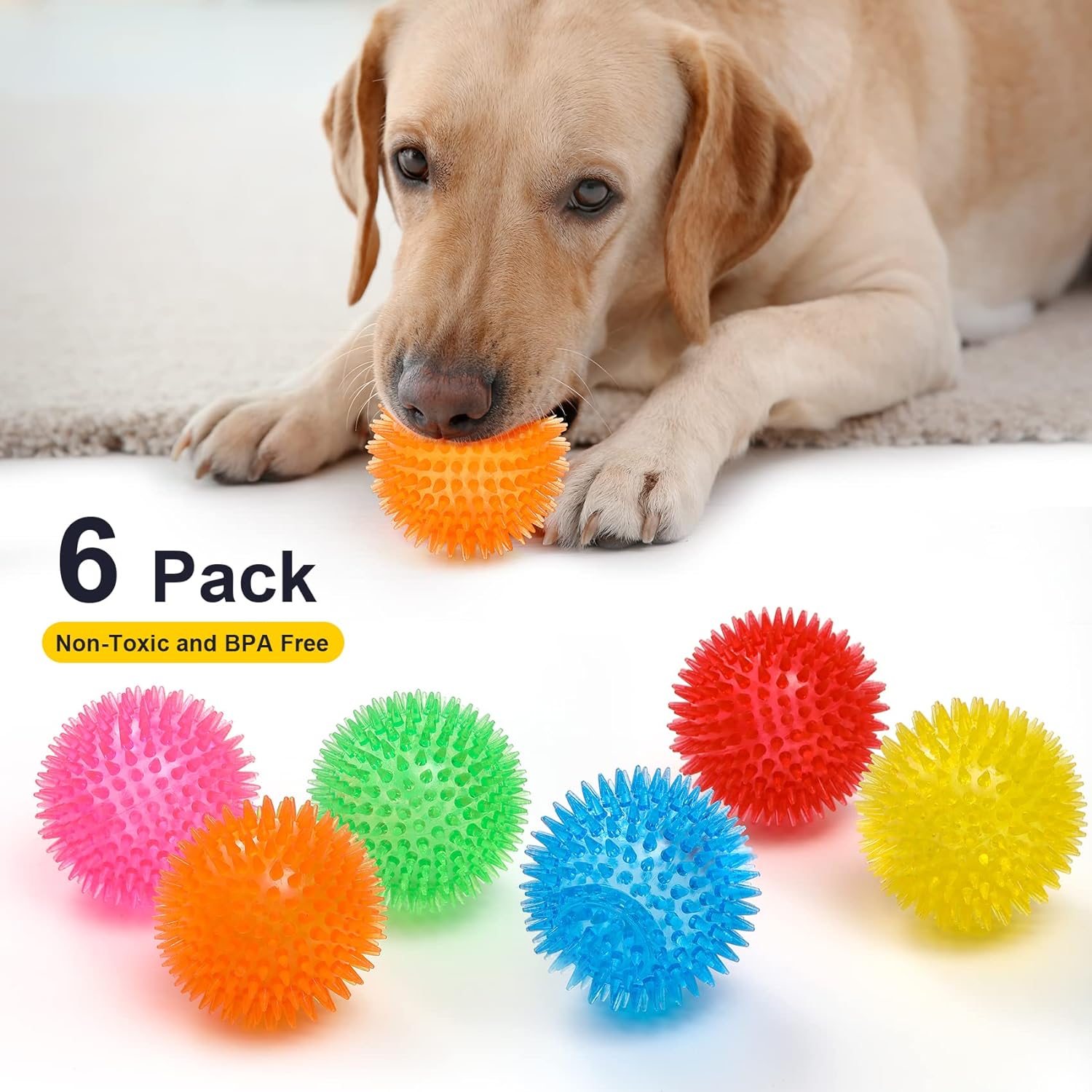 VITEVER 3.5” Squeaky Dog Toy Balls (6 Colors) Puppy Chew Toys for Teething, BPA Free Non-Toxic, Spikey Medium, Large Small Dogs, Durable Aggressive Chewers